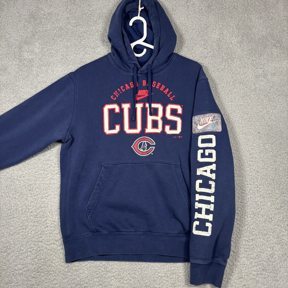 Nike Hoodie Mens Medium Navy Chicago Cubs MLB Baseball Pullover Graphic Sleeve